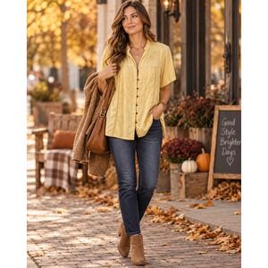 Penningtons Women Size 16 Butter Yellow Embroidered Cotton Boho Tunic Blouse
